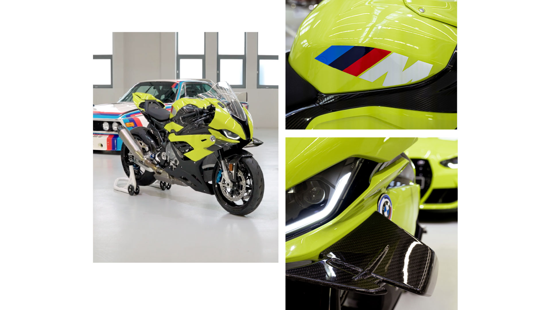 M RR 50 Years M, widok z przodu. Wyraźnie widoczne: winglety. Logo BMW M w trzech kultowych kolorach: niebieskim, granatowym i czerwonym, dynamicznie pochylone pod kątem białego M