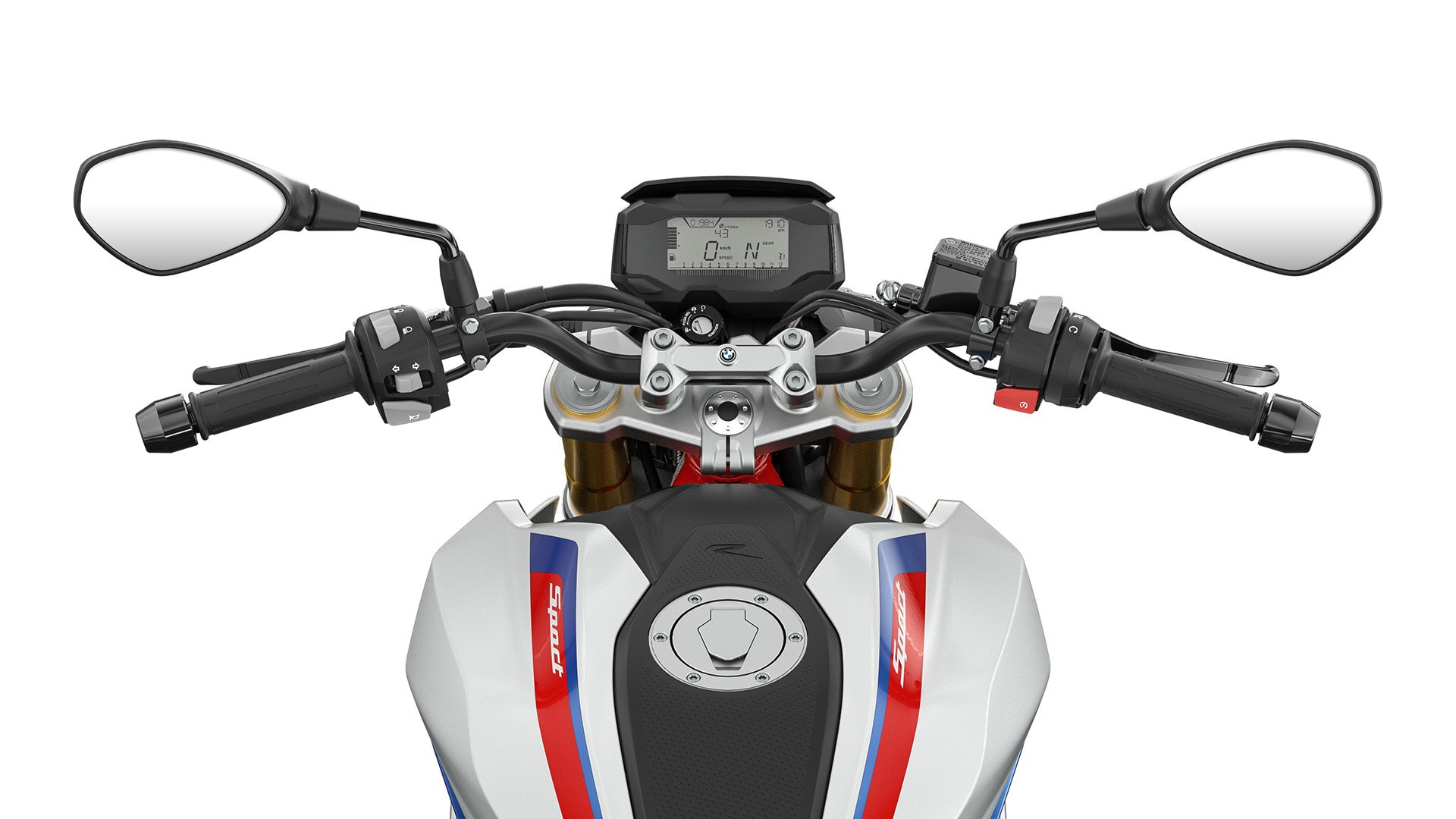 Widzimy kierownicę i elementy sterujące G 310 R.