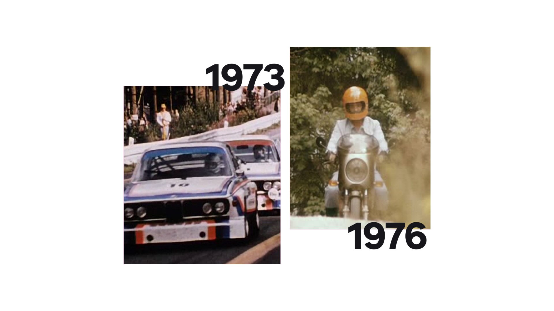 Po lewej historyczne zdjęcie BMW 3.0 CSL, po prawej BMW R 90 S Helmuta Dähne.