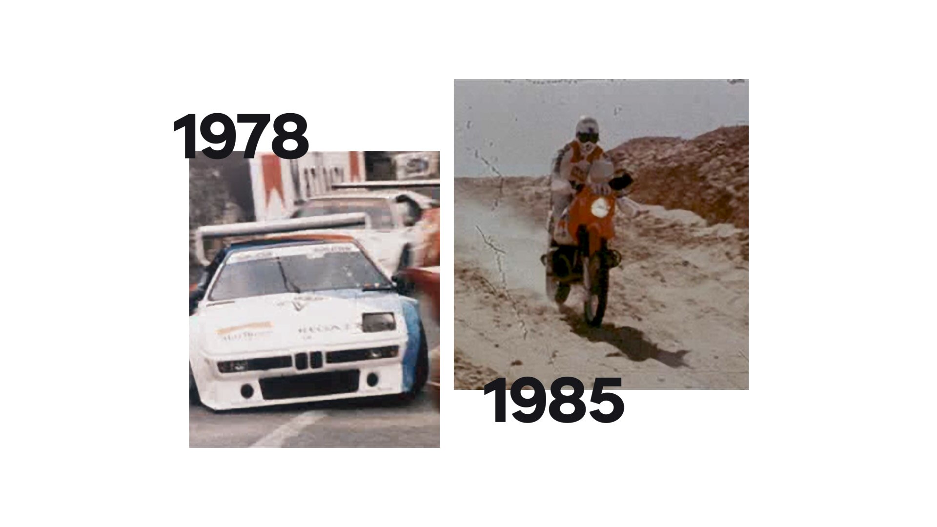 Po lewej historyczne zdjęcie BMW M1, po prawej legendarna maszyna Rajdu Paryż-Dakar.