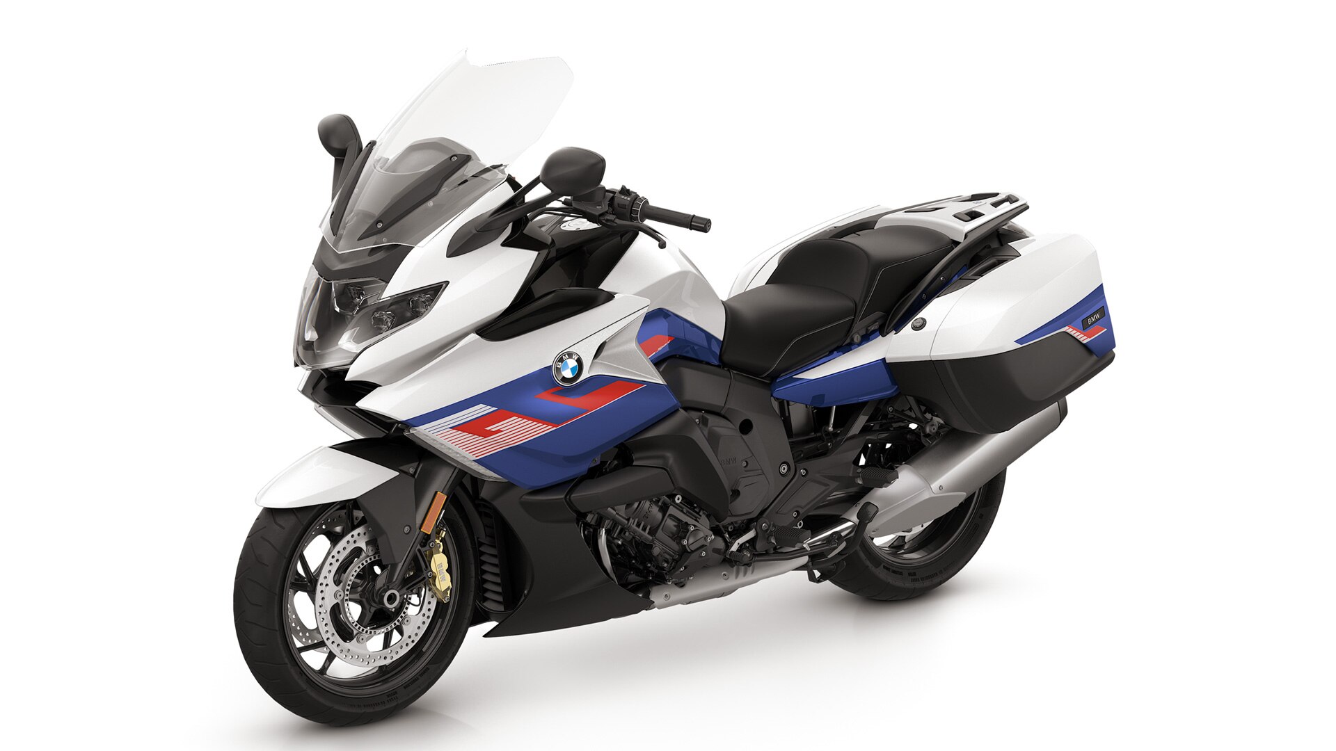 K 1600 GT w kolorach Lightwhite uni / Racingblue metallic / Racingred uni.
